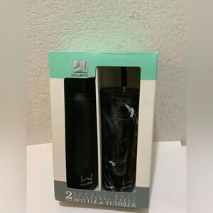 NIB WELLNESS 3-PACK DOUBLE WALL WINE BOTTLE & TUMBLER SET INSUL. BLACK MARBLE